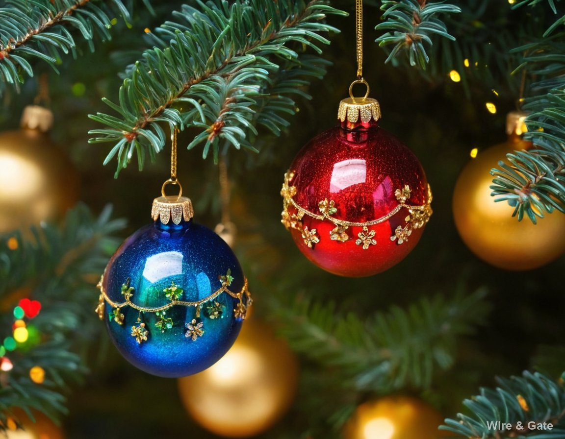 Two Christmas baubles, one blue and one red decorated with golden flowers, hanging from a fir branch