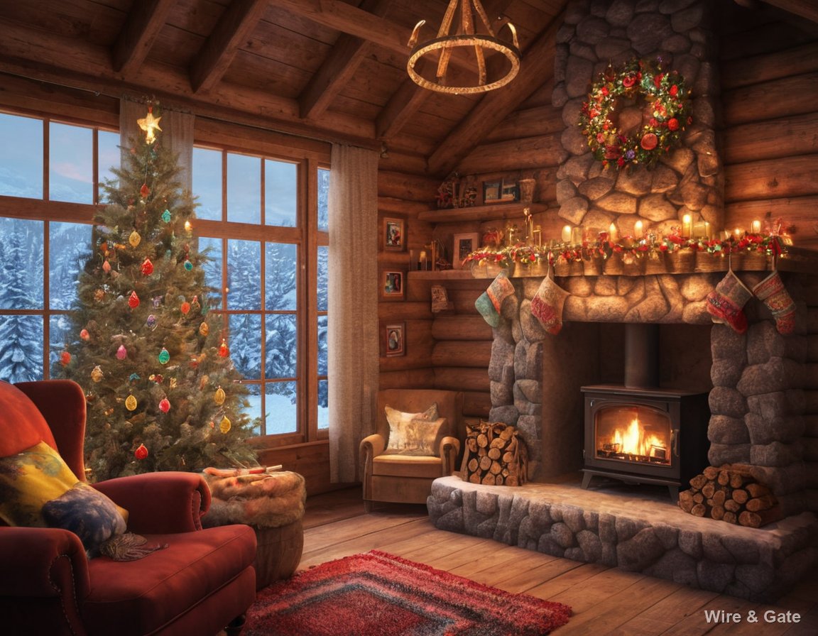 A log cabin living room with a decorated tree by a snowy window and a wood stove burning in a stone fireplace