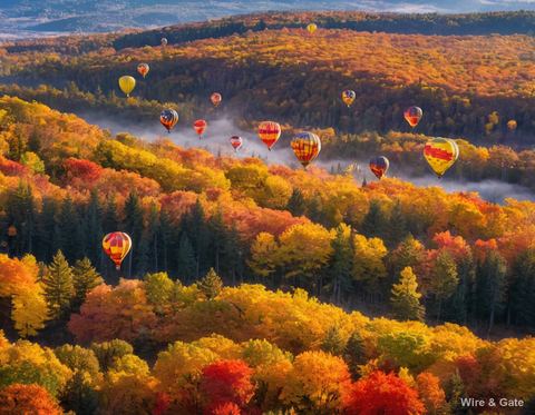 Hot-air balloons over the russet forest