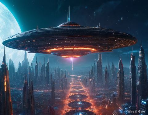 The starship above the city