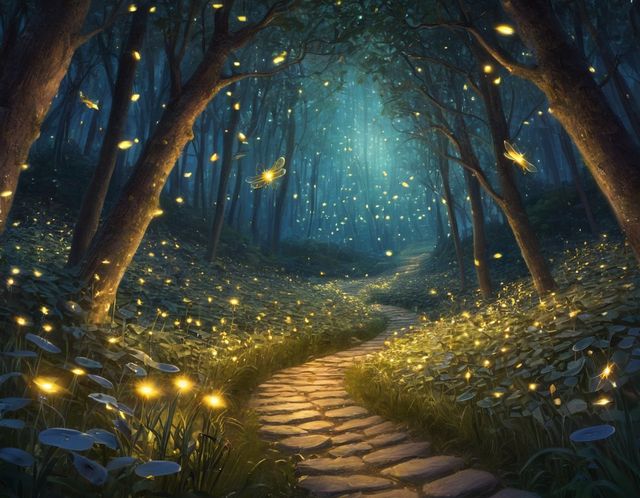 A stone path leading into a forest at night, full of fireflies