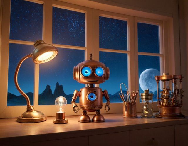 Bit, a small copper robot with glowing blue eyes, on a lab workbench at night, next to a lamp