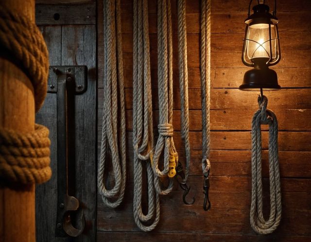 Coiled ropes hanging on the wooden wall of the rope store, under a lantern