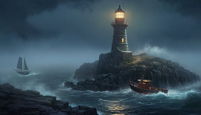The lighthouse shining on its rocky island at night, in a storm; a fishing boat in the waves