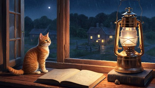 The keeper's ginger cat by the kitchen window, next to an oil lamp