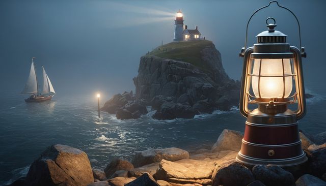 The lighthouse shining on its rock in the fog, a sailing boat offshore and a lantern